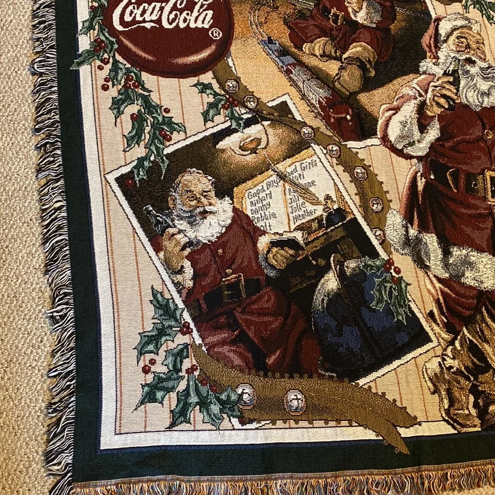 Vintage 1997 Coca Cola Santa Collage Tapestry Afghan Throw USA Made 100% Cotton